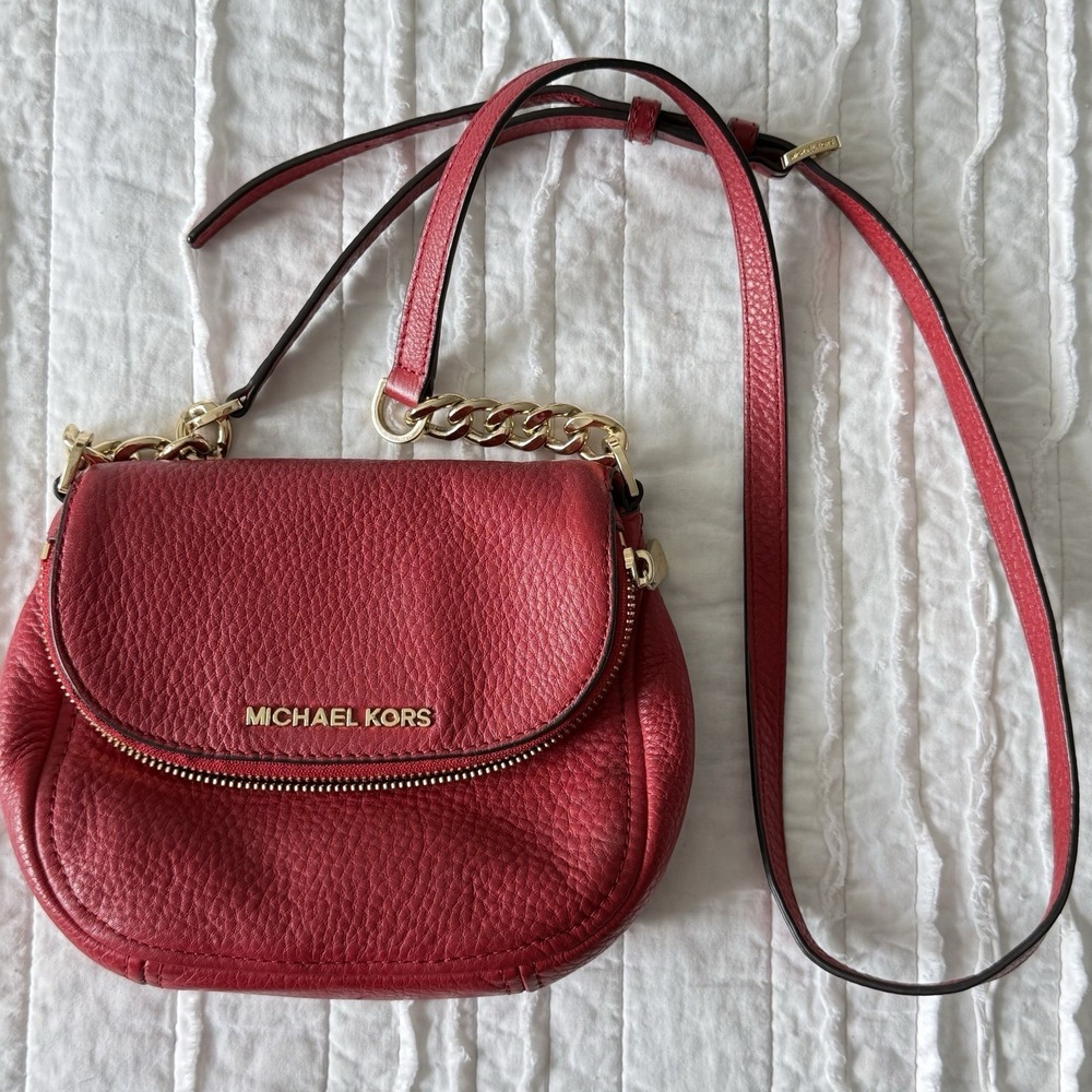 Michael Kors Womens Bedford Red Pebble Leather Crossbody Bag Gold Chain Flap Zip